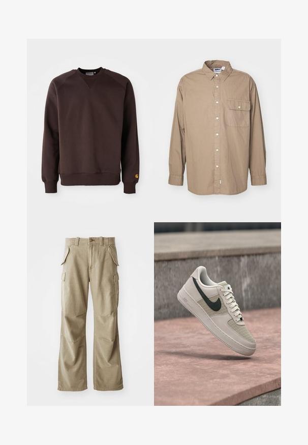 Brun bomulds sweatshirt med ribbede manchetter og kant, rund hals og raglanærmer. Har et lille gult logo på den nederste ærme.; Tanktop, lange ærmer, lysbrun bomuldsstof, knaplukning fortil, enkelt brystlomme med flap, klassisk krave, lige kant.; Beige cargo bukser lavet af slidstærkt stof, med en afslappet pasform, flere sidelommer og forstærkede knæ. Flad frontdesign.; Beige og hvid Nike Air sneaker med sort swoosh-logo, hvide snørebånd og tekstureret stof, der svæver over en lyserød betonoverflade.