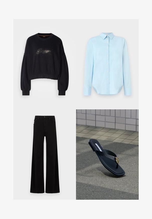 Must have musta varrukatega must lühike särk, millel on sooneline kaelus, puffvõtted ja dekoratiivne sädelev graafika ees. Pehme kangas ja elastne äär.; Helesin sinine nööpidega särk, pika varrukaga, kraega, ümarate äärtega ja viie esise nööbiga; valmistatud siledast ja kerge kangast.; Laiade säärega mustad püksid, valmistatud teksast, millel on kõrge vöökoht, esist taskud ja lihtne metallist nupuga kinnitus.; Must Steve Madden plätud-suss sandaal lapitudega rihma ja kuldse südamekujulise kaunistusega, lebamas asfaldil plaaditud seina lähedal.