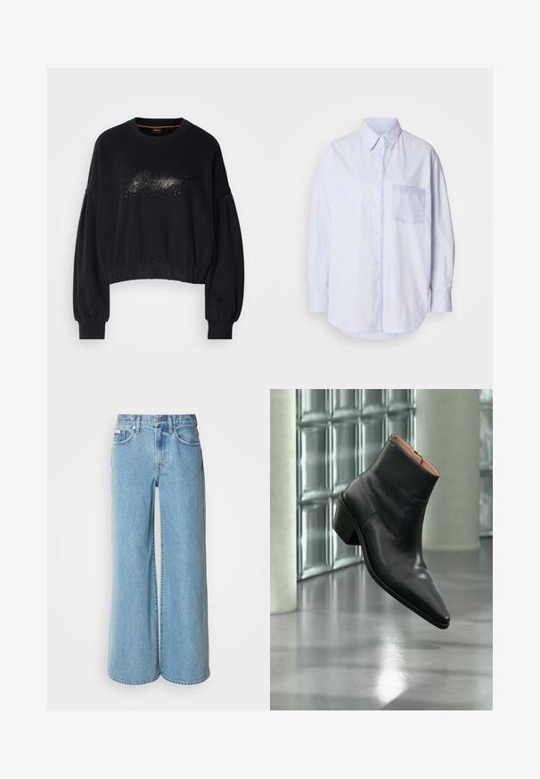 Zwarte cropped sweatshirt met een ribgebreide halslijn, pofmouwen en een decoratieve sprankelende graphic op de voorkant. Zachte stof met een elastische onderrand.; Lichtblauw overhemd met lange mouwen, een standaardkraag en een borstzak aan de linkerkant met een accentstof in een lichtere blauwe kleur.; Lichtblauwe wijde jeans van denim, met een hoge taille, vijf pockets en subtiele vervaging langs de stof.; Zwarte leren enkellaars met een spitse neus en blokhak die zweeft boven een reflecterende grijze vloer nabij een glazen blokmuur.