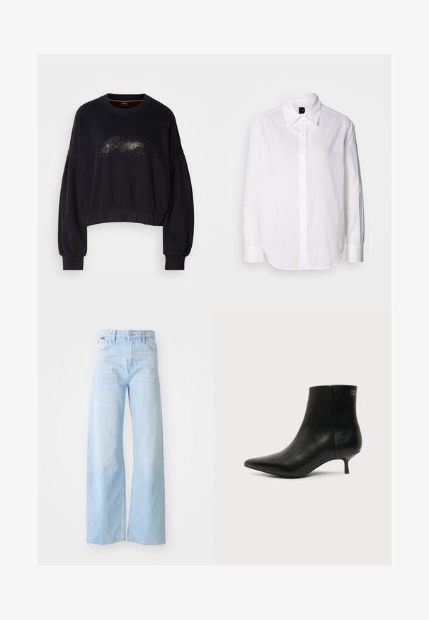 Sorte cropped sweatshirt med ribbet halsudskæring, puffede ærmer og en dekorativ glitrende grafik foran. Blødt stof med elastisk kant.; Hvid langærmet skjorte med knaplukning lavet af let materiale. Har en klassisk krave, knaplukning foran og manchetter.; Lyseblå bredbensbukser lavet af denim, med høj talje, forlommer, knaplukning og syet kantdetalje.; Sort læder ankelstøvle med spids tå og lav kitten hæl på lys baggrund, der viser yderside.