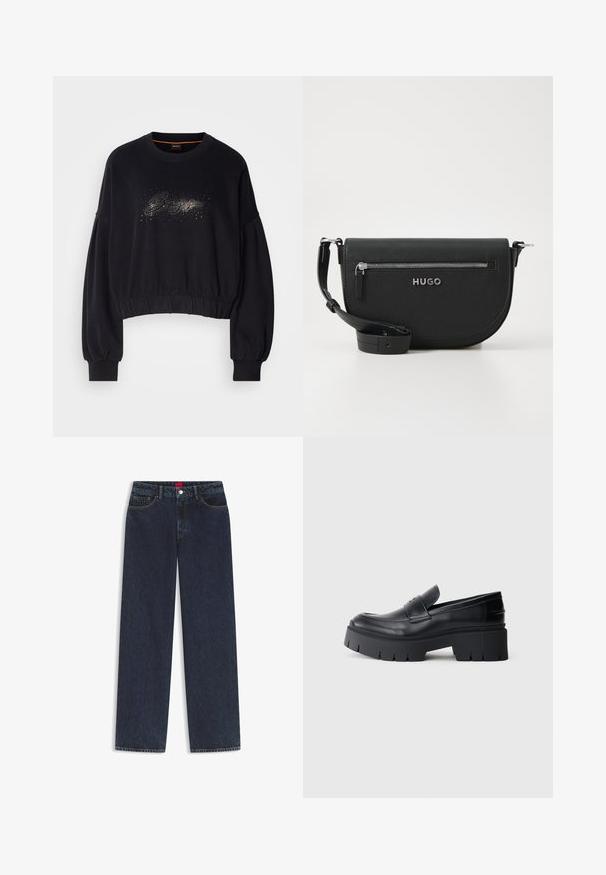 Schwarzer, cropped Sweatshirt mit geripptem Halsausschnitt, puffartigen Ärmeln und einem dekorativen, glitzernden Grafikdesign auf der Vorderseite. Weicher Stoff mit elastischem Saum.; Dunkelblaue Jeans mit geradem Bein, Vordertaschen, Gürtelschlaufen, Knopfverschluss und einem kleinen Logo-Patch auf der Vordertasche.; Schwarzer klobiger Plateau-Schlüpfschuh mit glattem Lederoberteil, dekorativem Riemen und dicker strukturierter Sohle auf weißem Hintergrund.; Schwarze Leder-Umhängetasche mit runder Form, silbernem Reißverschlusstasche und einem Markenlogo. Verfügt über einen verstellbaren Trageriemen für Vielseitigkeit.