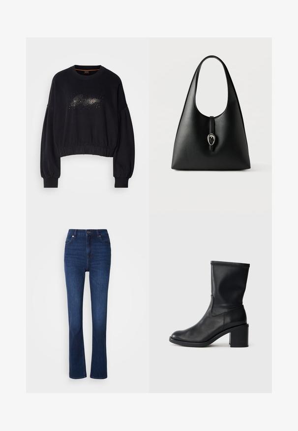 Sorte cropped sweatshirt med ribbet halsudskæring, puffede ærmer og en dekorativ glitrende grafik foran. Blødt stof med elastisk kant.; Jeans i mørkeblå denim med høj talje. Har klassisk fem-lommestil og let flared design forneden.; Sort læder ankelstøvle med rund tå, glat tekstur og en grov hæl, der har et tætsiddende skaft og subtil syning.; Sort læderhåndtaske med et enkelt håndtag og en sølvspænde med remlukning på en hvid baggrund.