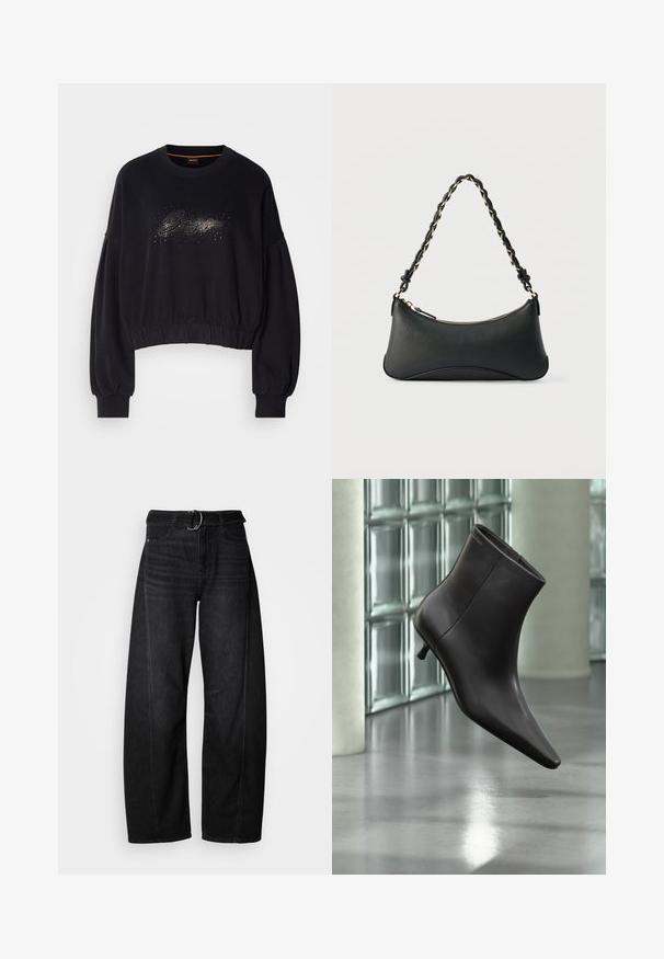 Zwarte cropped sweatshirt met een ribgebreide halslijn, pofmouwen en een decoratieve sprankelende graphic op de voorkant. Zachte stof met een elastische onderrand.; Zwarte wijde spijkerbroek van denim met een tailleband en casual zakdetails. Heeft een ruwe rand aan de zoom en minimale stiksels.; Zwarte leren enkellaars met puntige neus en lage hak, afgebeeld tegen een glazen blokkenmuur en gepolijste vloer op de achtergrond.; Zwarte lederen schoudertas met een gebogen rechthoekige vorm, gouden ketting verweven in een gevlochten zwarte band, en een ritssluiting bovenop.