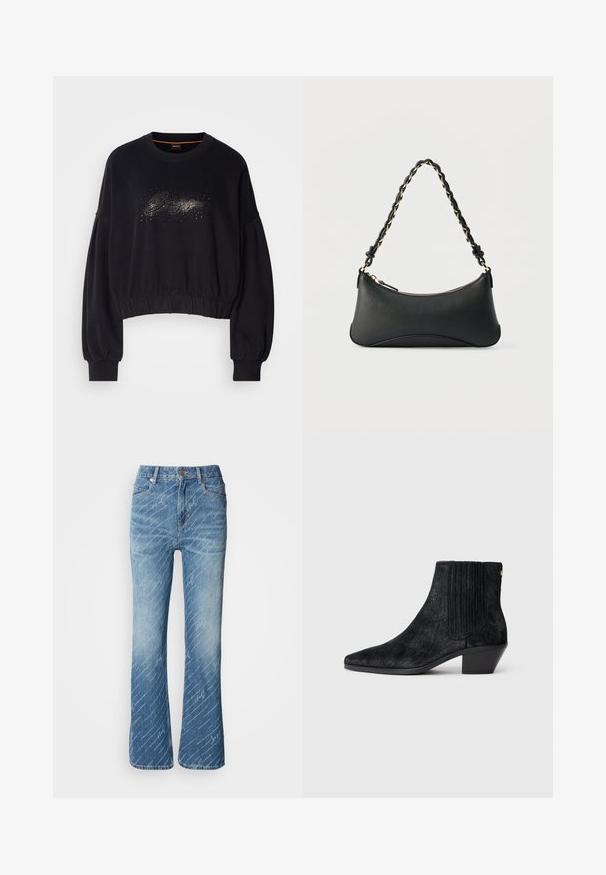 Sorte cropped sweatshirt med ribbet halsudskæring, puffede ærmer og en dekorativ glitrende grafik foran. Blødt stof med elastisk kant.; Flares jeans i blå denim med lys vask, diagonalt hvidt tekstmønster, fem-lomme design og metalknap lukning.; Sort ankelstøvle med spidse tæer, tekstureret håragtigt materiale, ribbet sidepanel og en lav, firkantet hæl. Simpelt og moderne design.; Sort skuldertaske i læder med en buet rektangulær form, gyldent kæde vævet ind i en flettet sort rem og toplynlås.