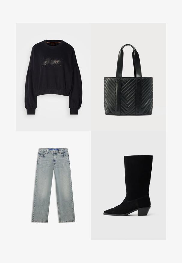 Sorte cropped sweatshirt med ribbet halsudskæring, puffede ærmer og en dekorativ glitrende grafik foran. Blødt stof med elastisk kant.; Lyseblå jeans med vide ben lavet af denim, med udvaskede områder, fem lommer og en blå mærket taljebånd.; Sort ruskind ankelstøvle med spidse tæer, mellemhøj skaft og en chunky hæl. Fuldender et minimalistisk design med lidt syninger og en glat tekstur.; Sort quiltet tote-taske med chevronmønster, med flade håndtag og prægede logoer på siderne. Fremstillet af glat læder.