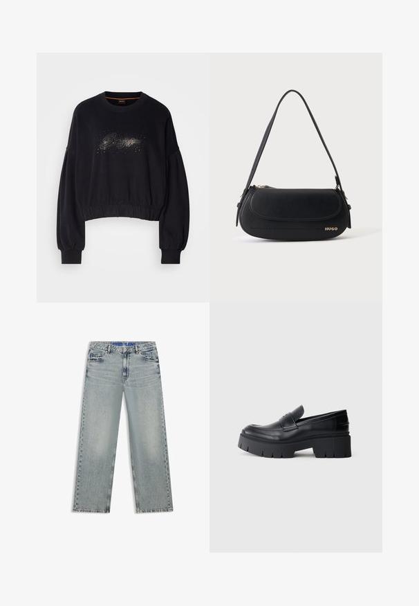 Sorte cropped sweatshirt med ribbet halsudskæring, puffede ærmer og en dekorativ glitrende grafik foran. Blødt stof med elastisk kant.; Lyseblå jeans med vide ben lavet af denim, med udvaskede områder, fem lommer og en blå mærket taljebånd.; Sort klodset platform loafers med glat læderoverdel, dekorativ rem og tyk struktureret sål på hvid baggrund.; Sort skuldertaske i læder med buet klap, guld "HUGO" logo på forsiden og enkelt justerbar strop.