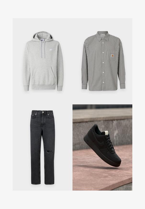 Lysegrå hættetrøje lavet af blødt stof, med kængurulomme, snørre i hætten og et lille hvidt logo på brystet.; Sorte og hvide vertikale striber langærmet skjorte med button-down krave. Har en brystlomme med en beige logo-plet.; Sorte denim jeans med lige ben, der har et revnet knæ, fem-lomme design og metalbeslag ved taljen og lommerne.; Sort Nike Air Force 1 sneaker, der svæver over en lyserød betonforkant med en grå stenet baggrund, som viser sidde- og topdetaljer.