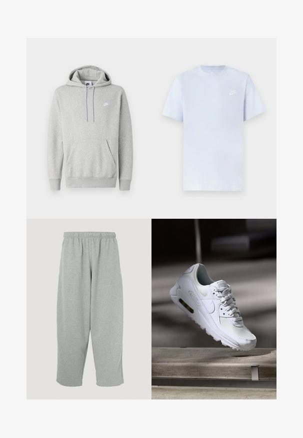 Lichtgrijze hoodie van zachte stof, met een buidelzak, capuchon met trekkoord en een klein wit logo op de borst.; Lichtblauwe katoenen t-shirt met korte mouwen, ronde hals en een wit Nike-logo gedrukt op de linkerborst. Glad textuur, eenvoudig ontwerp.; Lichtgrijze joggingbroek met een elastische tailleband, taps toelopend ontwerp en zachte textuur. Geen zichtbare merklogo's of patronen.; Witte Nike Air Max 90 sneaker met een bovenwerk van mesh en leer, een geperforeerde teenbox en een zichtbare luchtunit in de hiel.