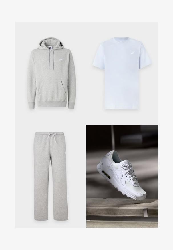 Hellgrauer Hoodie aus weichem Stoff mit Kängurutasche, Kapuze mit Kordelzug und kleinem weißem Logo auf der Brust.; Hellblaue Baumwoll-T-Shirt mit kurzen Ärmeln, Rundhalsausschnitt und einem weißen Nike-Logo, das auf der linken Brust gedruckt ist. Glatte Textur, schlichtes Design.; Graue Jogginghosen mit einem elastischen Bund und Kordelzug. Hergestellt aus weichem Stoff, zeichnen sie sich durch gerade Beine und ein dezentes Logodetail aus.; Weiße Nike Air Max 90 Sneaker mit einem Obermaterial aus Mesh und Leder, durchlässigem Zehenbereich und einer sichtbaren Air-Einheit in der Ferse.