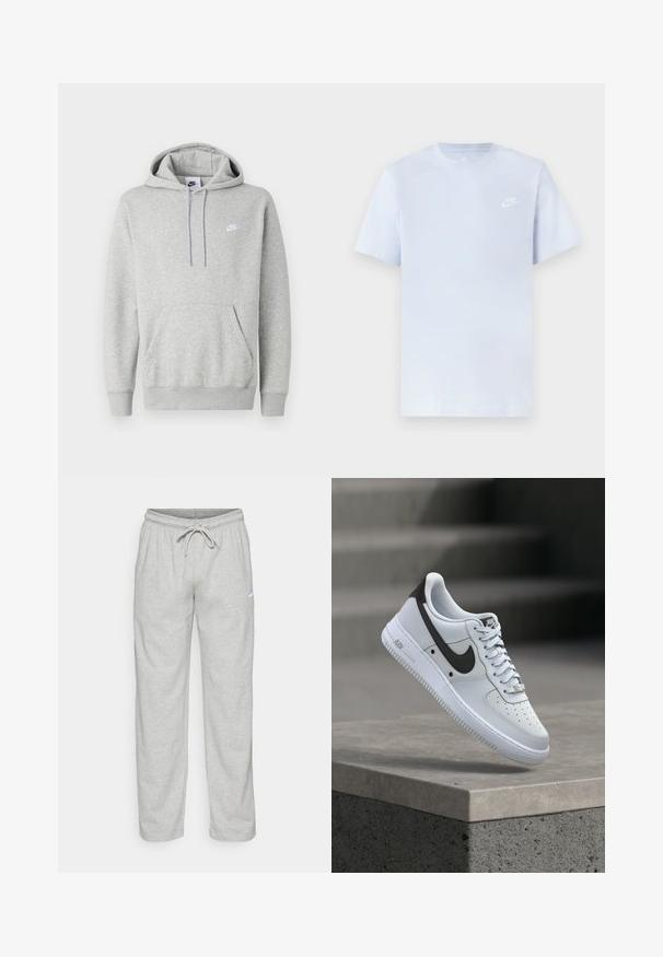Sudadera con capucha de color gris claro hecha de tela suave, con un bolsillo tipo canguro, capucha con cordón y un pequeño logo blanco en el pecho.; Camiseta de algodón de color azul claro con mangas cortas, cuello redondo y un logo blanco de Nike impreso en el pecho izquierdo. Textura suave, diseño sencillo.; Pantalones de chándal gris claro hechos de una tela suave. Cuentan con una cintura elástica con cordón y el logo de Nike en negro en el muslo izquierdo.; Zapatilla blanca Nike Air Force 1 con logo Swoosh negro, flotando sobre un saliente de hormigón con escaleras difuminadas al fondo.