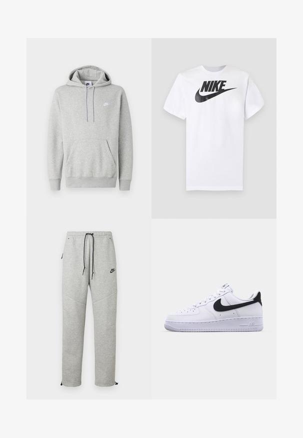 Hellgrauer Hoodie aus weichem Stoff mit Kängurutasche, Kapuze mit Kordelzug und kleinem weißem Logo auf der Brust.; Weißes kurzärmeliges T-Shirt mit schwarzem Nike-Logo und Swoosh, zentriert auf der Brust, vor einfarbigem grauem Hintergrund.; Graue Nike Sweatpants mit einem Kordelzugbund, Seitentaschen und elastischen Bündchen. Sie haben eine glatte Textur und ein kontrastierendes schwarzes Logodetail.; Weißes Leder-Sneaker mit einem strukturierten schwarzen Swoosh, flachen Schnürsenkeln und einer Gummisohle mit genoppetem Muster. "AIR" ist auf der Ferse eingeprägt.