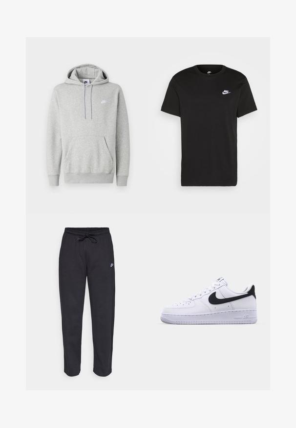 Sudadera con capucha de color gris claro hecha de tela suave, con un bolsillo tipo canguro, capucha con cordón y un pequeño logo blanco en el pecho.; Camiseta de algodón negra con mangas cortas, cuello redondo y un pequeño logo blanco de Nike en la parte superior del lado izquierdo del pecho. Textura suave. Corte clásico.; Pantalones de chándal negros hechos de una tela suave, con cintura elástica, cordón y un pequeño logo de Nike en el muslo izquierdo.; Zapatilla blanca de cuero con un Swoosh negro texturizado, cordones planos y una suela de goma con un patrón estriado. "AIR" está grabado en el talón.