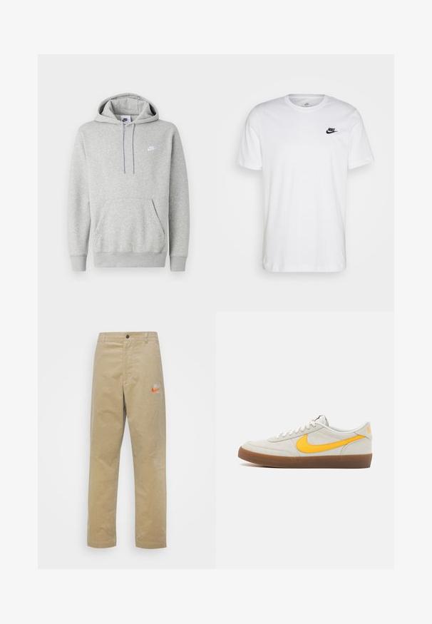 Hellgrauer Hoodie aus weichem Stoff mit Kängurutasche, Kapuze mit Kordelzug und kleinem weißem Logo auf der Brust.; Weißes Baumwoll-T-Shirt mit Rundhalsausschnitt, kurzen Ärmeln und einem schwarzen Nike-Logo auf der linken Brust. Einfaches, einfarbiges Design.; Nike Sportswear TREND PANT - Stoffhose - khaki/team orange/khaki; Nike Sneaker aus hellgrauem Wildleder mit einem gelben Swoosh, weißen Schnürsenkeln und einer braunen Gummisohle. Mit strukturiertem Finish und gepolstertem Kragen.