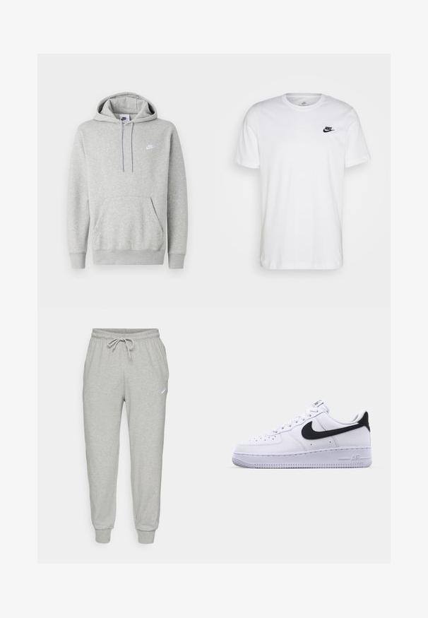 Sudadera con capucha de color gris claro hecha de tela suave, con un bolsillo tipo canguro, capucha con cordón y un pequeño logo blanco en el pecho.; Camiseta de algodón blanca con cuello redondo, mangas cortas y un logo negro de Nike en el lado izquierdo del pecho. Diseño simple en un color sólido.; Pantalones jogger de forro polar gris con cintura elástica, cordón ajustable y puños en los bajos. Presentan un pequeño logo blanco en el lado izquierdo.; Zapatilla blanca de cuero con un Swoosh negro texturizado, cordones planos y una suela de goma con un patrón estriado. "AIR" está grabado en el talón.
