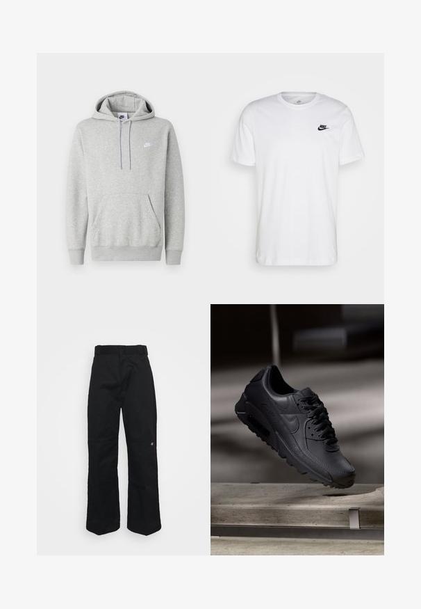 Hellgrauer Hoodie aus weichem Stoff mit Kängurutasche, Kapuze mit Kordelzug und kleinem weißem Logo auf der Brust.; Weißes Baumwoll-T-Shirt mit Rundhalsausschnitt, kurzen Ärmeln und einem schwarzen Nike-Logo auf der linken Brust. Einfaches, einfarbiges Design.; Schwarze Hosen aus stabilem Stoff mit geradem Bein, Bundschlaufen und einem kleinen Logo an der unteren Seite.; Schwarze Nike Air Max Sneaker mit einem strukturierten Leder-Obermaterial, Gummisohle und auffälligem Schnürsystem, das ein schlankes, modernes Design präsentiert.