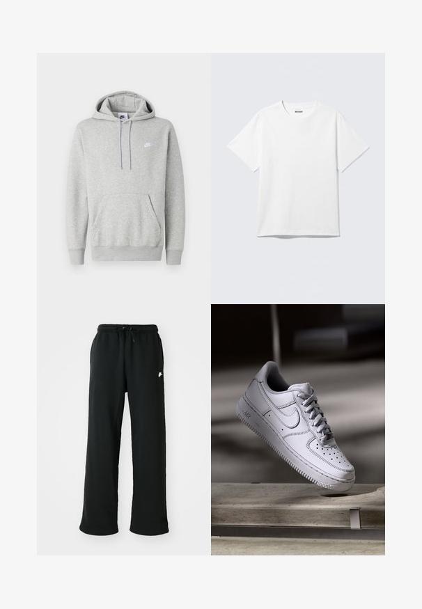 Hellgrauer Hoodie aus weichem Stoff mit Kängurutasche, Kapuze mit Kordelzug und kleinem weißem Logo auf der Brust.; Weißes T-Shirt mit kurzen Ärmeln und Rundhalsausschnitt, flach liegend, schlichtes Design, mit „WEEKDAY“-Etikett innen im Kragen auf hellem Hintergrund.; Schwarze Jogginghose aus weichem Material, mit einem elastischen Bund und verstellbarem Kordelzug sowie einem kleinen Logo-Detail an der Seite.; Weißer Nike Air Force 1 Sneaker aus Leder mit perforierter Zehenpartie, flachen Schnürsenkeln und strukturierter Gummisohle mit "AIR"-Branding an der Seite.