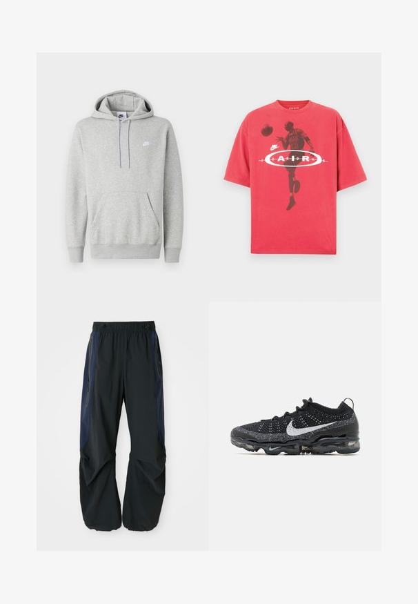 Sudadera con capucha de color gris claro hecha de tela suave, con un bolsillo tipo canguro, capucha con cordón y un pequeño logo blanco en el pecho.; Camiseta de algodón roja con cuello redondo, ajuste holgado y un estampado gráfico de un jugador de baloncesto con el texto "Jordan" y el logo de Nike.; Pantalones de exterior negros con un corte relajado, que cuentan con una cinturilla elástica, paneles laterales en color marino y bolsillos con cremallera a ambos lados.; Zapatillas de punto en blanco y negro con un diseño elegante, que cuentan con un prominente logo plateado de Nike, parte superior de malla y acentos en suela transparente.