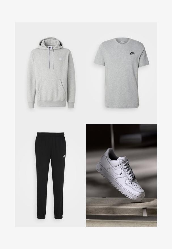 Sudadera con capucha de color gris claro hecha de tela suave, con un bolsillo tipo canguro, capucha con cordón y un pequeño logo blanco en el pecho.; Camiseta de manga corta gris de algodón, con un logo negro de Nike en el pecho y un cuello redondo. Diseño minimalista sin patrones.; Pantalones de chándal negros con una cintura elástica, tobillos ajustados y un pequeño logo blanco de Nike en el lado izquierdo. Hechos de una tela suave y texturizada.; Zapatilla Nike Air Force 1 de cuero blanco que presenta una puntera perforada, cordones planos y una suela de goma texturizada con la marca "AIR" en el lateral.