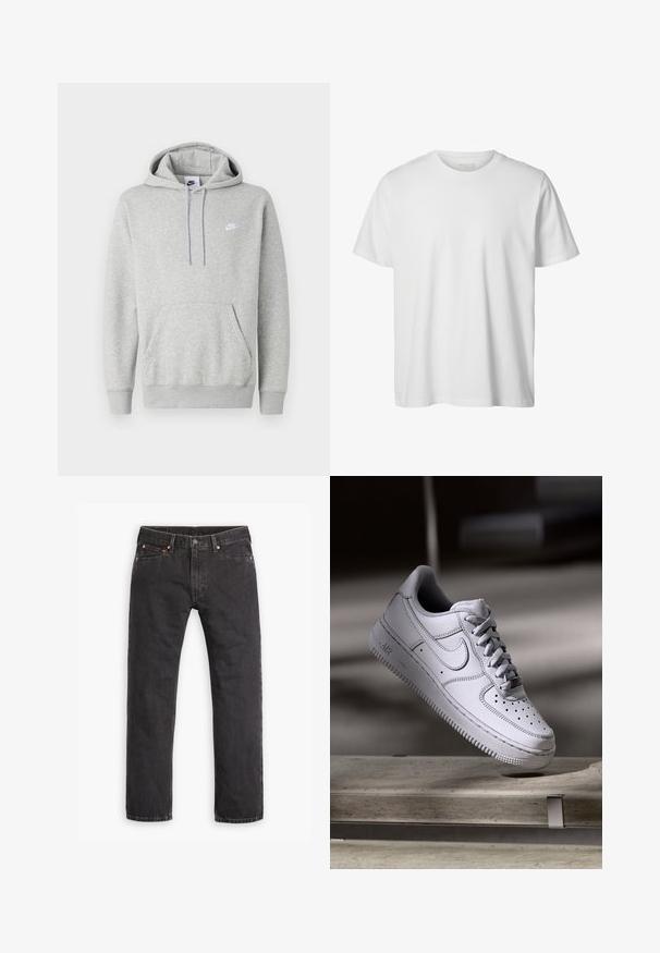 Sweat à capuche gris clair en tissu doux, avec poche kangourou, capuche à cordon de serrage et petit logo blanc sur la poitrine.; T-shirt blanc uni à manches courtes, col rond, coupe décontractée, sans logos ni motifs visibles à l'avant.; Jeans en denim noirs à jambes droites avec cinq poches, fermeture à bouton et rivets cuivrés, posés à plat sur un fond blanc.; La basket Nike Air Force 1 en cuir blanc présente un embout perforé, des lacets plats et une semelle en caoutchouc texturée avec le logo « AIR » sur le côté.
