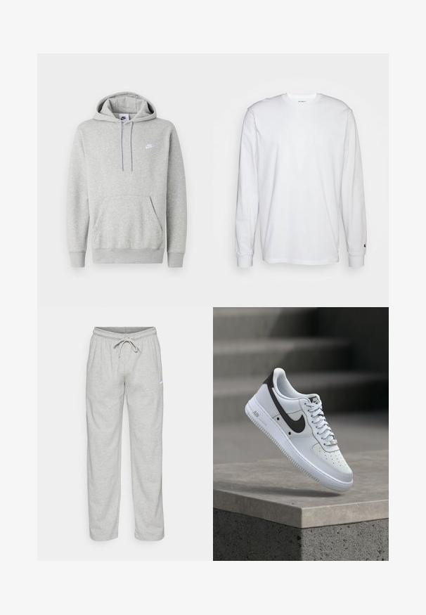 Hellgrauer Hoodie aus weichem Stoff mit Kängurutasche, Kapuze mit Kordelzug und kleinem weißem Logo auf der Brust.; Weißes Langarm-T-Shirt aus Baumwolle. Rundhals-Design mit gerippten Bündchen und kleinem Logo auf dem linken Ärmel. Glatte Textur.; Helle graue Sweatpants aus weichem Stoff. Mit einem elastischen Bund und Kordelzug sowie dem schwarzen Nike-Logo auf dem linken Oberschenkel.; Weißer Nike Air Force 1 Sneaker mit schwarzem Swoosh-Logo, der über einer Betonvorsprung mit unscharfen Treppen im Hintergrund schwebt.
