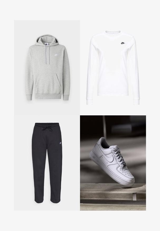 Lysegrå hættetrøje lavet af blødt stof, med kængurulomme, snørre i hætten og et lille hvidt logo på brystet.; Hvid langærmet T-shirt lavet af bomuld, med et lille sort Nike-logo på venstre bryst og en rund halsudskæring. Glat tekstur.; Sorte sweatpants lavet af blødt stof med elastisk talje, snøre og et lille Nike-logo på venstre lår.; Hvid læder Nike Air Force 1 sneaker med perforeret tå, flade snørebånd og tekstureret gummisål med "AIR" branding på siden.