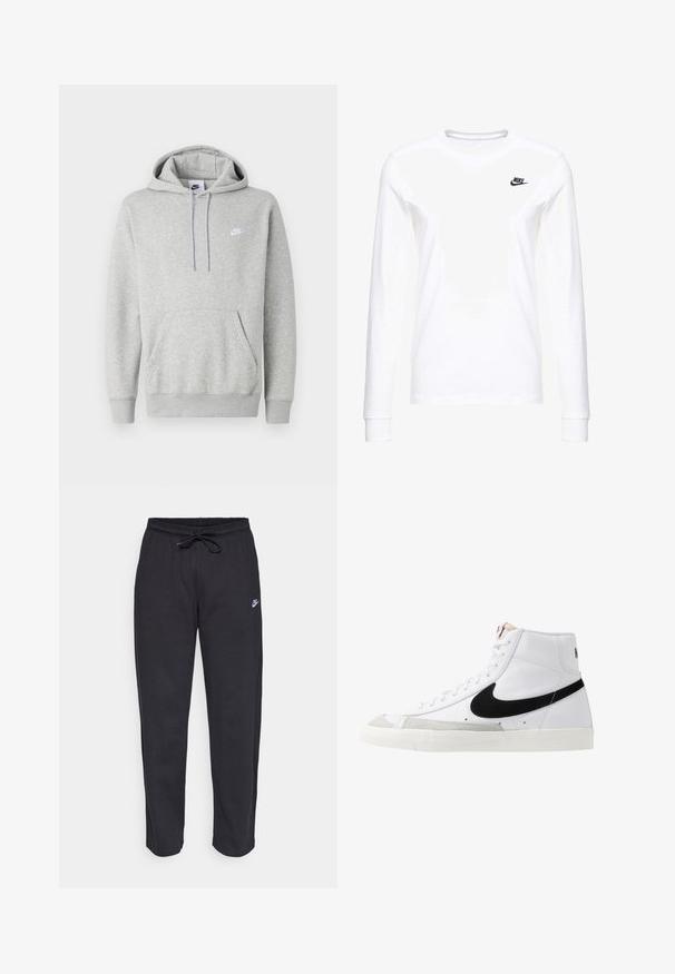Sudadera con capucha de color gris claro hecha de tela suave, con un bolsillo tipo canguro, capucha con cordón y un pequeño logo blanco en el pecho.; Camiseta blanca de manga larga hecha de algodón, con un pequeño logo negro de Nike en el lado izquierdo del pecho y un escote redondeado. Textura suave.; Pantalones de chándal negros hechos de una tela suave, con cintura elástica, cordón y un pequeño logo de Nike en el muslo izquierdo.; Zapatillas altas blancas con un swoosh negro, una puntera texturizada en gris y suela plana blanca. Presenta seis ojales y acentos cosidos.