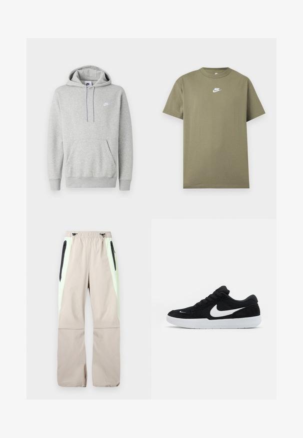 Lichtgrijze hoodie van zachte stof, met een buidelzak, capuchon met trekkoord en een klein wit logo op de borst.; Olijfgroene Nike T-shirt met korte mouwen en ronde hals met een wit logo op de borst op een effen lichtgrijze achtergrond.; Beige broek met lichtgroene zijpanelen, zwarte dijzakken met rits en elastische tailleband met zwarte trekkoorden.; Zwarte suède sneakers met witte accenten, met een ronde neus, dikke witte zool en zwarte veters. Opvallend wit Nike-logo aan de zijkant.