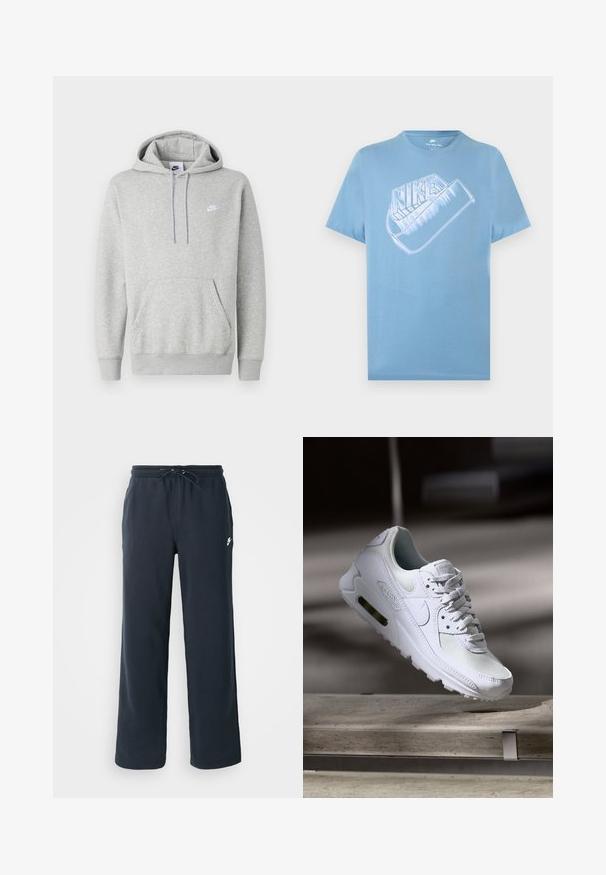 Hellgrauer Hoodie aus weichem Stoff mit Kängurutasche, Kapuze mit Kordelzug und kleinem weißem Logo auf der Brust.; Hellblaues Nike-T-Shirt mit kurzen Ärmeln und großem stilisiertem weißen Nike-Logo samt Swoosh-Grafik auf der Brust.; Dunkelblaue Sweatpants mit einem elastischen Bund und Kordelzug. Hergestellt aus weichem Stoff, mit einem kleinen weißen Logo auf der linken Hüfte.; Weiße Nike Air Max 90 Sneaker mit einem Obermaterial aus Mesh und Leder, durchlässigem Zehenbereich und einer sichtbaren Air-Einheit in der Ferse.