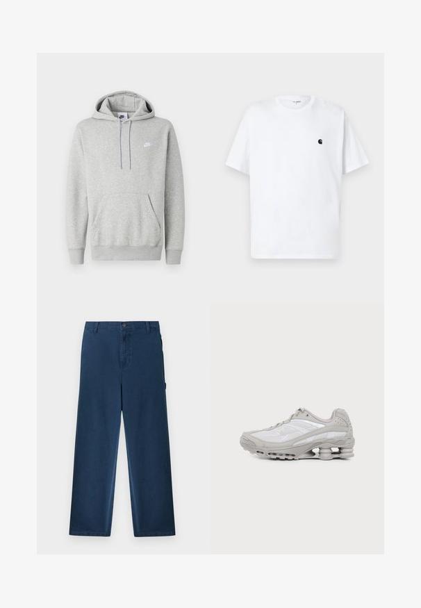 Sudadera con capucha de color gris claro hecha de tela suave, con un bolsillo tipo canguro, capucha con cordón y un pequeño logo blanco en el pecho.; Camiseta blanca de manga corta con cuello redondo, con pequeño logo negro en el pecho izquierdo, diseño sin estampados, colocada plana sobre un fondo claro.; Pantalones de pana azul marino de corte recto con trabillas para cinturón, botón frontal, cierre de cremallera y bolsillos laterales.; Zapatilla deportiva gris y blanca con suela visible de amortiguación de aire y paneles de malla, mostrada de perfil sobre un fondo claro y sencillo.