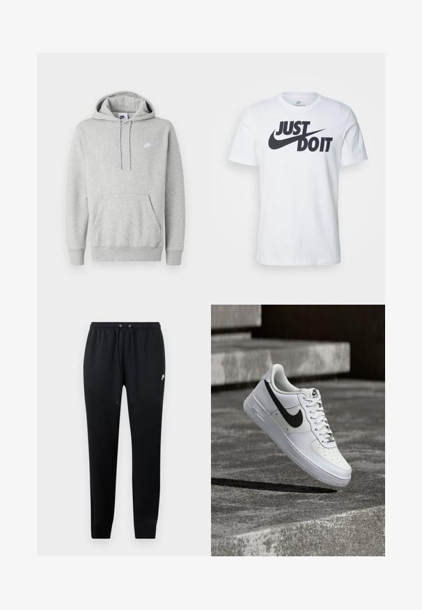 Hellgrauer Hoodie aus weichem Stoff mit Kängurutasche, Kapuze mit Kordelzug und kleinem weißem Logo auf der Brust.; Weißes Baumwoll-T-Shirt mit einem auffälligen schwarzen "Just Do It"-Logo und Nike-Swoosh. Klassisches Rundhalsausschnitt-Design mit kurzen Ärmeln.; Schwarze Jogginghose aus weichem Stoff, mit einem elastischen Bund und Kordelzug, gerippten Knöcheln und einem kleinen Logo-Detail an der Seite.; Weißer Nike Air Force 1 Sneaker mit schwarzem Swoosh, geschnürten Schnürsenkeln, schwebend in der Luft über einer strukturierten Betonoberfläche im Freien.