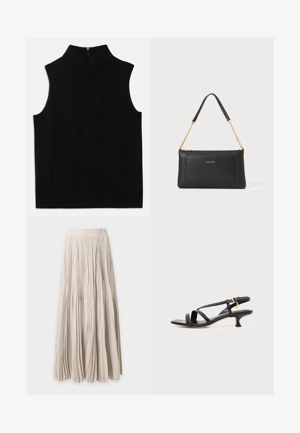 Top negro sin mangas tipo cuello alto, confeccionado en material suave, con cierre de cremallera en la parte posterior. Diseño simple sin patrones ni acentos.; Falda larga plisada beige con cintura elástica, tela fluida y longitud completa.; Sandalia negra de cuero con tiras, tacón bajo de tipo kitten, hebilla en el tobillo y pequeño charm dorado sobre un fondo claro y liso.; Clutch de cuero negro con textura de guijarro, correa de cadena dorada y un bolsillo frontal. Presenta un logo dorado en la parte delantera.