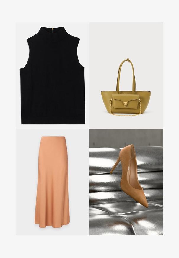 Haut noir sans manches à col roulé, fabriqué en matériau doux, avec un col haut et une fermeture éclair dans le dos. Design simple sans motifs ni accents.; Jupe longue évasée en tissu doux pêche. Dotée d'une ceinture lisse, elle tombe doucement vers un ourlet effilé. Pas de motifs ni d'accents visibles.; Chaussure à talon haut en daim couleur fauve flottant au-dessus d'une surface en cuir argenté capitonné brillante, présentée en angle pour montrer le côté et la semelle intérieure.; Sac à main en cuir vert olive avec longues poignées, poche avant à rabat avec fermoir doré et détail décoratif en chaîne dorée.