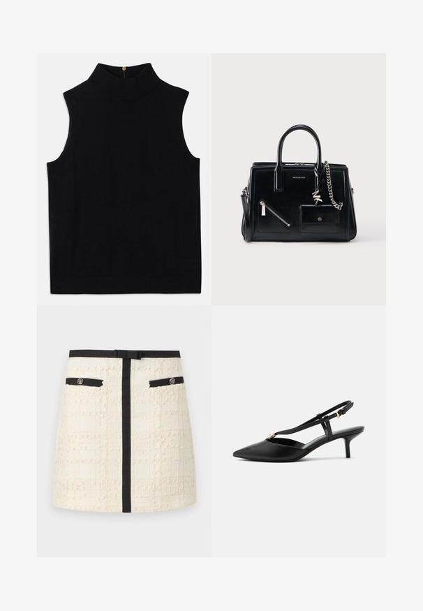 Top negro sin mangas tipo cuello alto, confeccionado en material suave, con cierre de cremallera en la parte posterior. Diseño simple sin patrones ni acentos.; Mini falda de textura cremosa con cinturilla negra, raya vertical, bolsillos delanteros con ribete negro y botones decorativos.; Zapato slingback de cuero negro con tacón kitten, puntera puntiaguda, tira en T delgada, hebilla ajustable y pequeño adorno dorado en la tira.; Bolso de cuero negro con asas dobles, bolsillos frontales con cremallera y botón, detalle de cadena plateada y el logo de Michael Kors en el centro frontal.