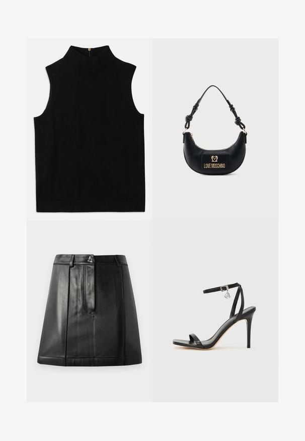 Haut noir sans manches à col roulé, fabriqué en matériau doux, avec un col haut et une fermeture éclair dans le dos. Design simple sans motifs ni accents.; Jupe en cuir noir avec une forme structurée, dotée d'une poche avant et d'un accent métallique à la taille. Texture lisse et détails de couture.; Sandale à talon haut noire avec une bride étroite à la cheville, bout carré, cuir lisse et accent de boucle métallique.; Sac à main noir demi-lune avec poignée nouée et plaque logo dorée "Love Moschino" sur le devant, fermeture éclair en haut.