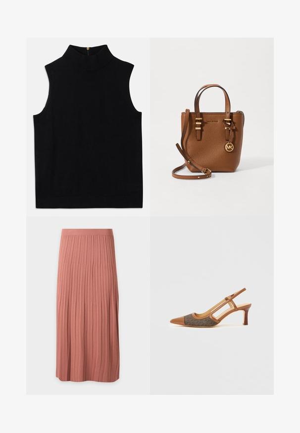 Haut noir sans manches à col roulé, fabriqué en matériau doux, avec un col haut et une fermeture éclair dans le dos. Design simple sans motifs ni accents.; Jupe midi plissée couleur rose poudré avec large ceinture côtelée et larges plis verticaux sur tissu texturé.; Chaussure slingback en cuir marron avec un bout pointu, présentant un panneau en tissu à motif foncé et un talon empilé. Côtés ouverts et texture lisse.; Sac à main en cuir marron avec une finition texturée, des accents dorés, deux poignées supérieures et une bandoulière amovible. Comprend un pendentif logo circulaire.