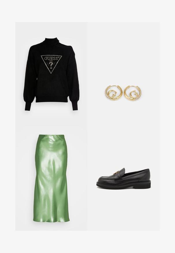 Pull-over noir à col montant, coupe ample et poignets côtelés. Présente un logo triangulaire avec des accents métalliques au centre.; Jupe maxi en satin vert avec une texture lisse et brillante et une taille ajustée. Présente une silhouette évasée, un design à longueur complète et sans embellissements visibles.; Mocassins en cuir noir avec un bout rond, des coutures décoratives, des finitions en métal doré et une semelle en caoutchouc texturé bas. Fini lisse et élégant.; Guess CRAZY EARRINGS - Boucles d'oreilles - gold-coloured