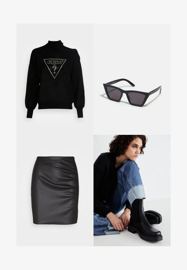Suéter negro de punto con cuello alto, corte holgado y puños acanalados. Presenta un logotipo triangular con acentos metálicos en el centro.; Falda ajustada de poliéster negro con textura gathered en un lado y una pequeña abertura en el dobladillo, que crea una silueta elegante.; Botas negras de tobillo con paneles laterales elásticos, suela gruesa y punta cuadrada. Combinadas con unos jeans azules desgastados que presentan un dobladillo deshilachado.; Gafas de sol negras y angulares con lentes grises; fabricadas en plástico, con varillas gruesas de superficie suave y sin herrajes visibles.