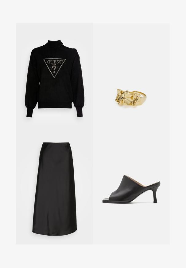 Suéter negro de punto con cuello alto, corte holgado y puños acanalados. Presenta un logotipo triangular con acentos metálicos en el centro.; Falda midi de satén negro con una textura suave, forma de A y un brillo sutil. Presenta un diseño elegante y sencillo sin adornos.; Selected ASHLEY - Mules de tacón - black; Anillo de oro con diseño texturizado y ondulado que presenta tres picos prominentes. Superficie lisa y brillante con una banda abierta para un ajuste ajustable.