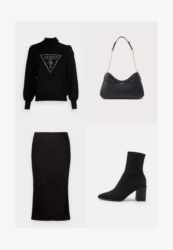 Sort pullover sweater med høj krave, løs pasform og ribstrikkede manchetter. Har et trekantet logo med metal accenter i midten.; Sort, tætsiddende midi-nederdel med en glat tekstur, detaljer med sideslids og en klassisk talje. Designet til en elegant silhuet.; Sort ankelstøvle lavet af strækstof, med spids tå og firkantet blokhæl, og med ribbet kant øverst.; Sort håndtaske med struktureret finish, buet silhuet, dobbelt skulderrem af læder og kæde, med guldfarvet logoaccent.