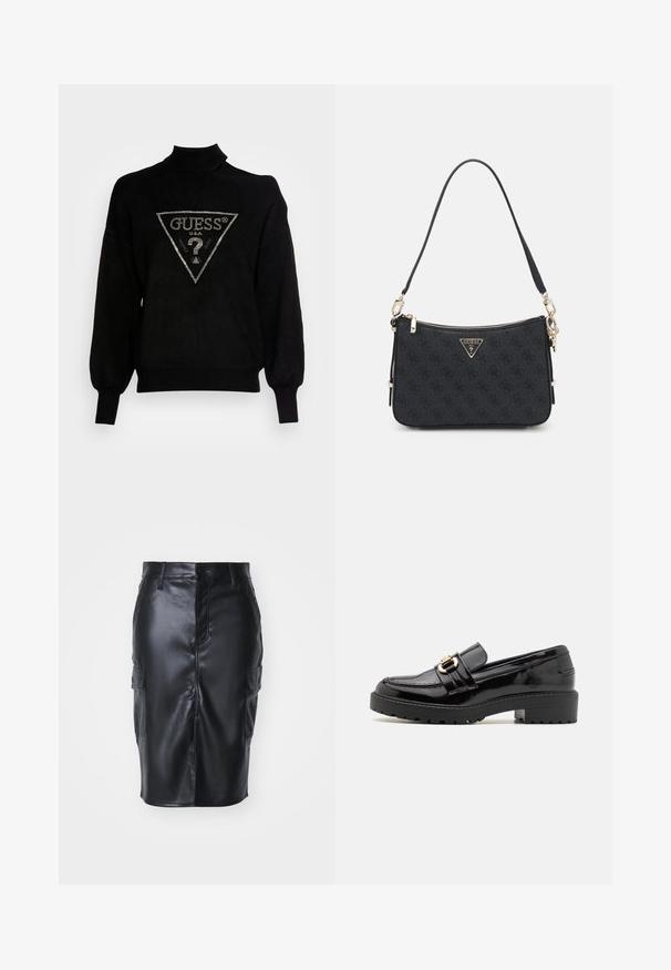 Sort pullover sweater med høj krave, løs pasform og ribstrikkede manchetter. Har et trekantet logo med metal accenter i midten.; Sort faux læder blyantskirt med en mellemlang design, der har frontknaplukning og to sidelommer med klap. Glat struktur.; Sorte lakerede loafers med en lav blokhæl, der har en fremtrædende gullignende spænde og en struktureret, rillede sål.; Sort Guess handbag med struktureret logo mønster, hardware i guldfarve, lynlåslukning og justerbar skulderrem. Kompakt, rektangulær form.