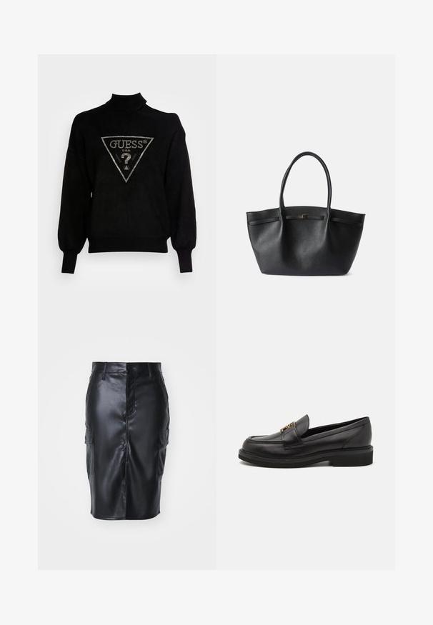Schwarzer Pullover mit hohem Kragen, lockerer Passform und gerippten Bündchen. Mit einem dreieckigen Logo mit metallic Akzenten in der Mitte.; Schwarzer, lederähnlicher Bleistiftrock mit mittellangem Design, ausgestattet mit einer frontalen Knopfverschluss und zwei seitlichen Cargo-Taschen. Glatte Textur.; Schwarze Lederloafers mit runder Zehenform, genähten Details, goldfarbenen Beschlägen und einer niedrigen, strukturierten Gummisohle. Glatte, elegante Oberfläche.; Schwarze Tragetasche aus strukturiertem Leder, mit zwei Griffen, rechteckiger Form und einem kleinen goldenen Akzent auf der Vorderseite. Keine weiteren Details.