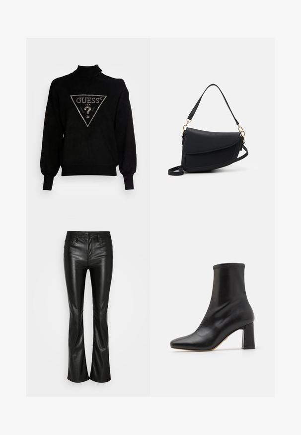 Suéter negro de punto con cuello alto, corte holgado y puños acanalados. Presenta un logotipo triangular con acentos metálicos en el centro.; GAP BABY BOOT - Pantalones - black; Botín de cuero negro con textura suave, punta en forma de pico y tacón ancho. Cuenta con una parte superior elástica con costuras en contraste.; Bolso de mano de cuero negro con un acabado texturizado, que cuenta con una sola correa para el hombro y acentos de hardware dorado. El diseño es elegante y minimalista.