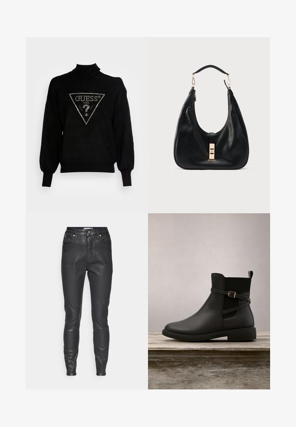 Sort pullover sweater med høj krave, løs pasform og ribstrikkede manchetter. Har et trekantet logo med metal accenter i midten.; Sorte læderbukser med en tætsiddende pasform, fem lommer og en glat tekstur. Livremmen har en knaplukning og bæltestropper.; Sort læder ankelstøvle med spænde på siden, placeret på en træoverflade, med sløret grønt baggrund og hvid grus.; Sort læderhåndtaske med et buet design, guldfarvede metaldele og en rektangulær lås. Har en skulderrem til bæring.