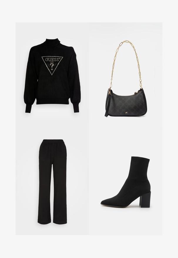 Suéter negro de punto con cuello alto, corte holgado y puños acanalados. Presenta un logotipo triangular con acentos metálicos en el centro.; Pantalones negros de pierna recta con cintura elástica y bolsillos laterales, mostrados planos sobre un fondo blanco.; Botín negro de tobillo hecho de tejido elástico, con punta afilada y tacón cuadrado, con ribetes en la parte superior.; Bolso de mano de cuero negro con una forma estructurada, que presenta un patrón texturizado, correa de cadena dorada y cierre de cremallera. Detalle destacado del logotipo en el frente.