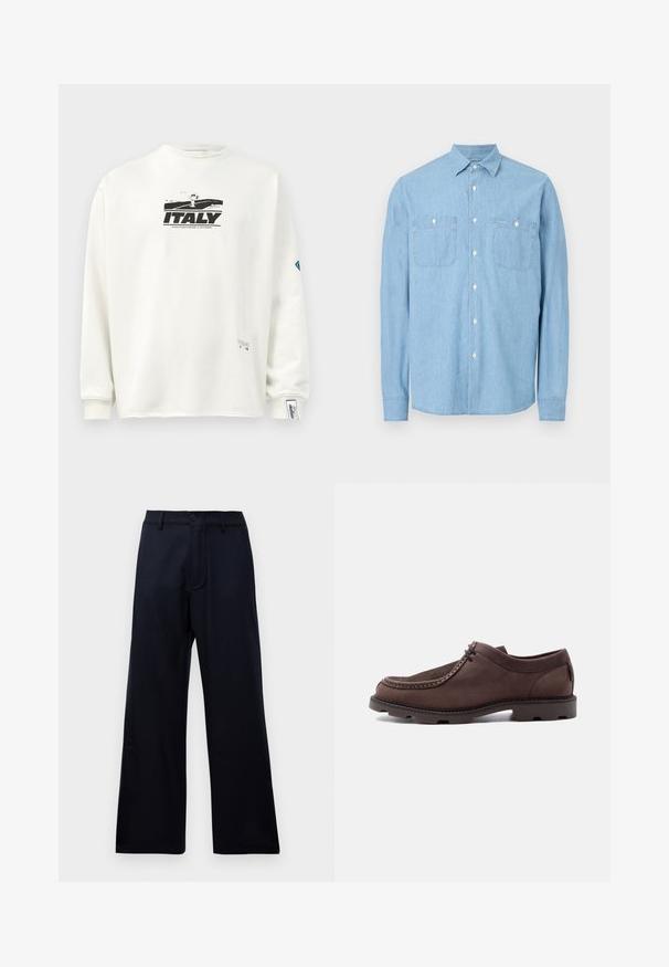 Sweatshirt blanc à manches longues avec un imprimé graphique noir de "ITALIE" et d'un personnage, en tissu texturé et avec des poignets côtelés.; Chemise à manches longues bleu clair avec deux poches frontales et boutons blancs, présentée sur un fond blanc.; Pantalons larges taille haute noirs avec passants de ceinture, bouton avant et fermeture éclair sur fond blanc uni.; Chaussure en cuir marron à lacets avec semelle épaisse à crampons et couture mocassin sur un fond clair uni.