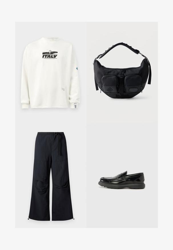 Sweatshirt blanc à manches longues avec un imprimé graphique noir de "ITALIE" et d'un personnage, en tissu texturé et avec des poignets côtelés.; Pantalon noir à jambes larges en tissu léger. Dispose d'une ceinture, de deux grandes poches latérales et d'ourlets ajustables avec fermetures à cordon.; Mocassin en cuir noir avec une finition brillante, bout arrondi, détails de couture subtils et semelle en caoutchouc épaisse pour la durabilité.; Sac d'épaule noir en forme de croissant avec bandoulière rembourrée réglable et deux poches avant zippées avec tirettes.