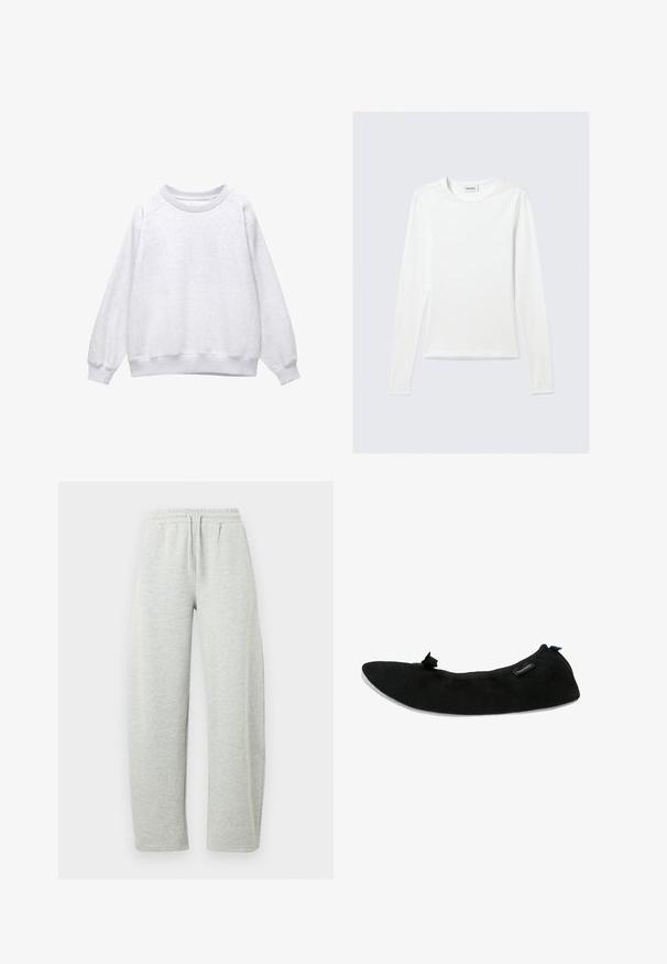 Lys grå sweatshirt med rund hals, lange ærmer og ribstrikkede manchetter og kant, vist på en hvid baggrund.; Langærmet, enkel hvid T-shirt med rund halsudskæring og tætsiddende pasform, vist mod en lysegrå baggrund.; Lysegrå joggingbukser med elastisk linning og snørre. Stoffet har en blød tekstur og lige, løstsiddende ben.; Sort sutsko med en blød suedeyderdel, rund tå, flad grå sål og en dekorativ sløjfedetalje foran; minimalistisk design.