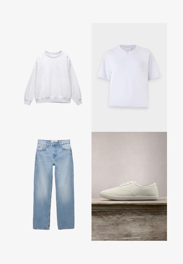 Lys grå sweatshirt med rund hals, lange ærmer og ribstrikkede manchetter og kant, vist på en hvid baggrund.; Hvid bomulds t-shirt med en afslappet pasform, korte ærmer, rund hals og ingen synlige mønstre eller udsmykninger. Glat struktur.; Lyseblå denimbukser med lige ben, fem-pockets stil og synlige syninger. Stofmaterialet har en blød, let falmet tekstur.; Hvide kanvas sneakers med rund tå, seks snørrehuller og tekstureret gummisål, hængende over en træoverflade med grønne græs i baggrunden.