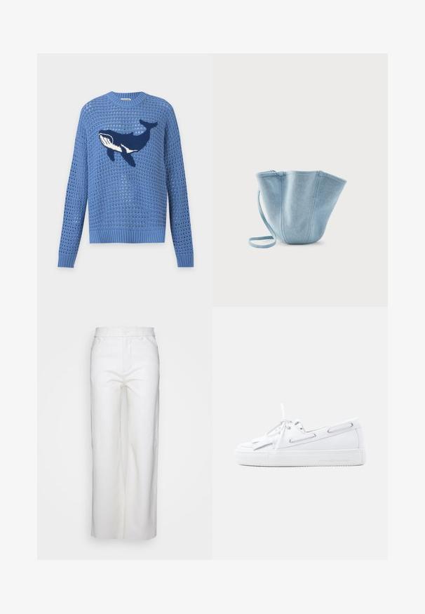 Pull bleu en maille ajourée avec manches longues et motif de baleine bleu foncé et blanc au centre devant.; Pantalons droits blancs avec fermeture à bouton et à glissière, passants de ceinture et poches avant, présentés sur un fond blanc uni.; Chaussure bateau en cuir blanc avec laçage à l'avant, œillets sur les côtés, détail pompon et semelle en caoutchouc plate sur un fond clair uni.; Sac seau en tissu bleu clair avec longue bandoulière, grande ouverture supérieure et coutures verticales cousues, sur fond blanc uni.