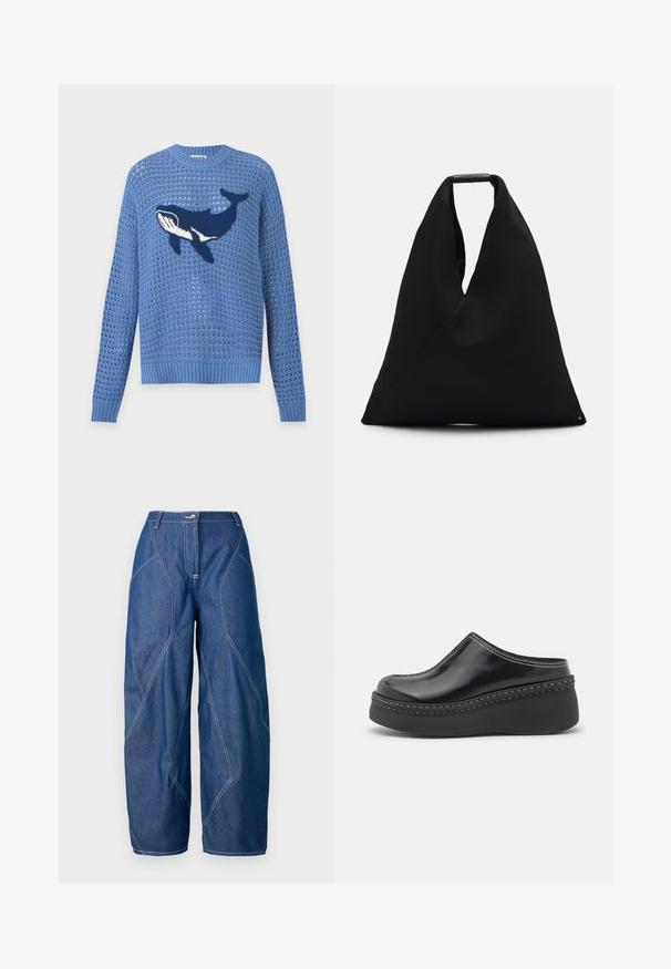 Pull bleu en maille ajourée avec manches longues et motif de baleine bleu foncé et blanc au centre devant.; Pantalons en denim à jambes larges, en bleu foncé avec des coutures blanches contrastantes. Fermeture à bouton et taille haute, avec des détails de couture angulaires.; Sabots à plateforme noirs brillants avec un orteil arrondi, un dessus arrondi et des coutures blanches contrastantes le long du bord de la semelle.; Sac fourre-tout en tissu noir avec un design en V unique et une texture lisse. Doté d'une courte poignée avec un détail matériel minimaliste.